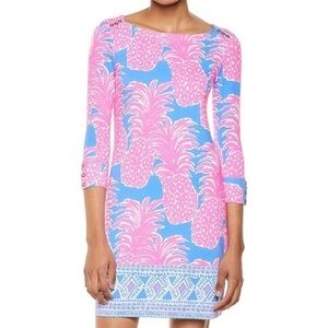 🥒 Lilly Pulitzer 3/4 Sleeve Sophie Mini Dress Little Flamenco Blue Haven XS UPF